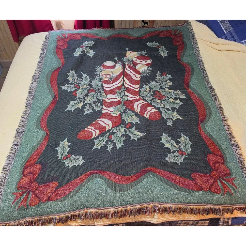 Vintage Christmas Stocking Woven Tapestry Throw Blanket Fringed Holiday Decor